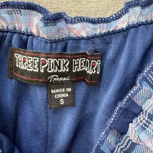 Three Pink Heart Navy Plaid Ruffled‎ Dress With Puff Sleeves Elastic Waist small - Picture 3 of 4